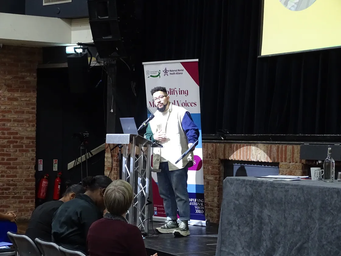 Miles speaking at a Maternal Mental Health Alliance event